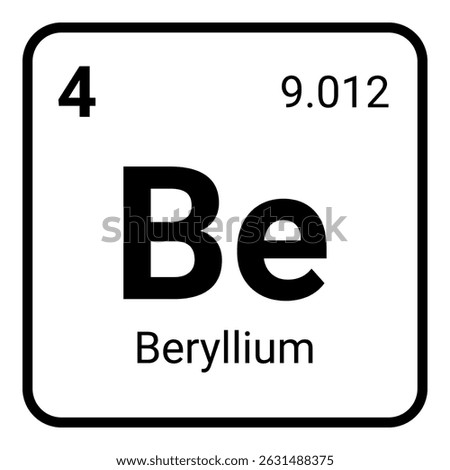 The chemical element beryllium from the periodic table, showing its atomic number 4, symbol Be, and atomic weight 9.012. It is presented in the familiar style of a periodic table tile.