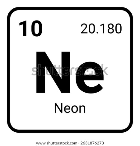 the chemical element neon from the periodic table, showing its atomic number 10, the symbol Ne, and atomic weight 20.180. The design with black text on a white background framed by a black square