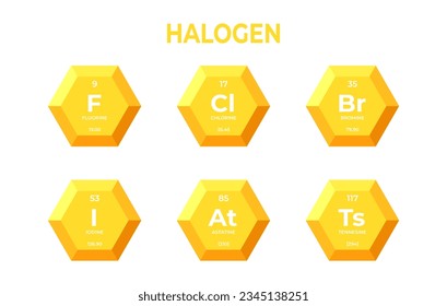 Chemical elements of halogen in hexagons. Mendelev table elements in hexagons for learning and education for young children.