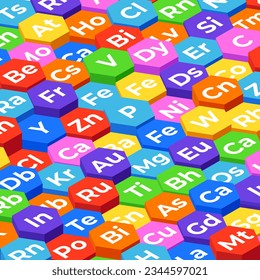 Chemical elements in hexagons of different heights isometric illustration. Mendelev table elements in hexagons for wallpaper and background.