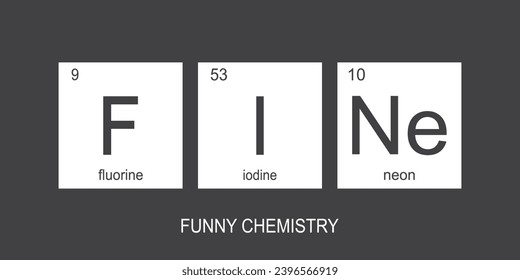 Chemische Elemente der periodischen Tabelle. Funny Chemistry, Phrase - FINE. Monochromatisches Design für Web, Druck oder Kunst. Druckbanner für Dekoration. Vektorgrafik