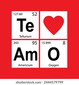 Chemical elements of periodic table. Funny chemistry, phrase on spanish language - I love you. Te amo - slogan and red heart. Design for web or art. Printable banner for t-shirt. Vector illustration