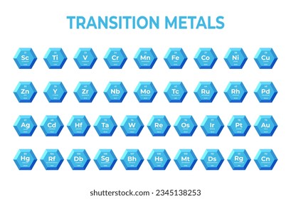 Chemical elements of transition metals in hexagons. Mendelev table elements in hexagons for learning and education for young children.