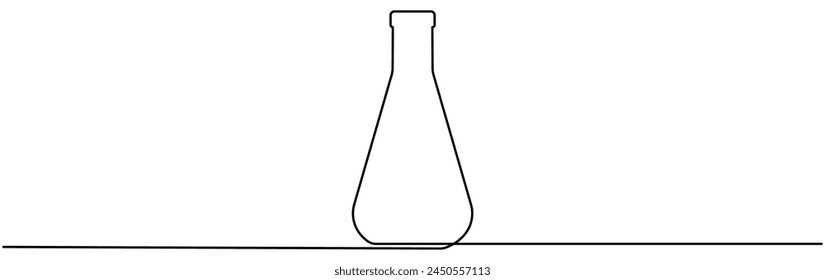 Chemische leere Flasche, kontinuierliche Linienzeichnung. Linearsymbol für Wissenschaften. Vektorillustration isoliert auf Weiß.