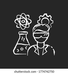 Chemical engineer chalk white icon on black background. Biochemical specialist. Professional for biotechnology experiment. Scientific research in laboratory. Isolated vector chalkboard illustration