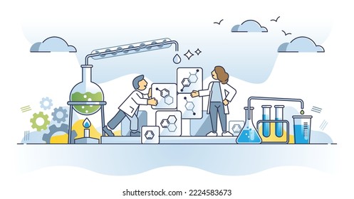 Chemical engineer with chemistry research knowledge outline concept. Professional material development process and substance reaction in laboratory vector illustration. Work with innovative experiment