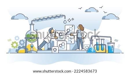 Chemical engineer with chemistry research knowledge outline concept. Professional material development process and substance reaction in laboratory vector illustration. Work with innovative experiment