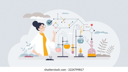 Chemical engineer profession with chemistry field work tiny person concept. Laboratory with female scientist experiment job to research new drugs, pills or material characteristics vector illustration