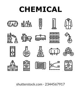 chemical engineer research icons set vector. chemistry laboratory, science lab, medicine scientist, technology experiment chemical engineer research black contour illustrations