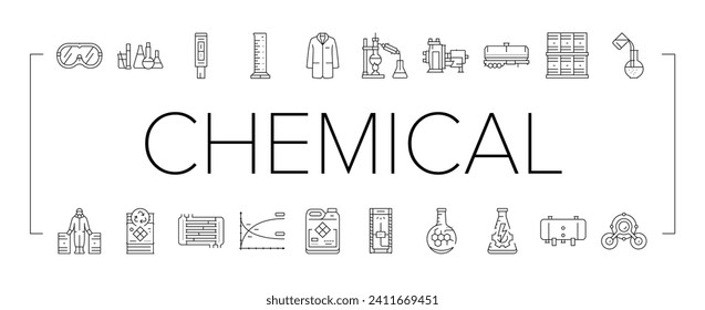 iconos de investigación de ingeniería química establecen vector. laboratorio de química, laboratorio de ciencias, científico de la medicina, experimento de tecnología, investigación de ingeniería química ilustraciones de línea negra