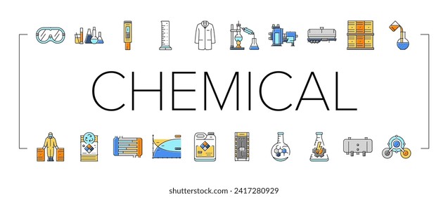 chemical engineer research icons set vector. chemistry laboratory, science lab, medicine scientist, technology experiment chemical engineer research color line illustrations