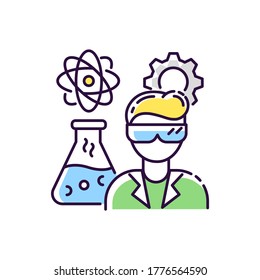 Chemical engineer RGB color icon. Biochemical specialist. Professional for biotechnology experiment. Pharmacology production. Scientific research in laboratory. Isolated vector illustration