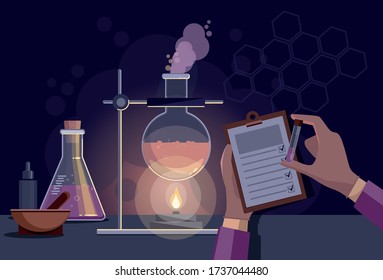 Chemical engineer working in the research laboratory. Laboratory glassware containing chemical liquid for research or analyzing a sample into test tube. 
