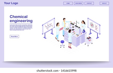Plantilla de página web isométrica de ingeniería química. Investigadores en bioquímica haciendo pruebas en los fabricantes. Laboratorio científico con equipos profesionales y placas digitales. Sitio web de la empresa farmacéutica