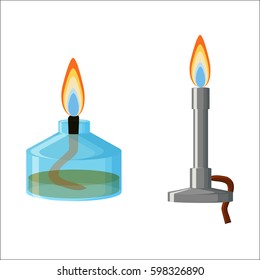 Chemical equipment. Alcohol (spirit) burner and Bunsen burner with flames isolated on white background. Cartoon vector illustration in flat style.