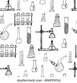 Chemical equipment: Hand Drawn Pattern with Freehand Sketch Icons for Print on Fabric. Handmade Doodles for your Printing Design. Science elements. Vector Illustration with drawing Sketch-art objects.
