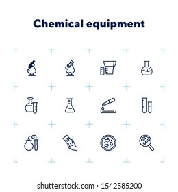 Chemical equipment line icon set. Set of line icons on white background. Molecule, structure, atom, flask. Science concept. Vector illustration can be used for topics like experiment, laboratory