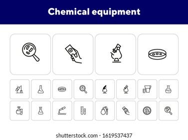 Chemical equipment line icon set. Set of line icons on white background. Molecule, structure, atom, flask. Science concept. Vector illustration can be used for topics like experiment, laboratory