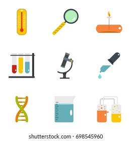 Chemical experience icon set. Flat style set of 9 chemical experience vector icons for web isolated on white background