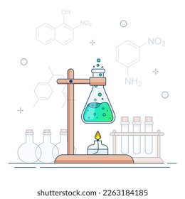 Chemical experience in the laboratory. Scientific experiment, research. Flat vector illustration