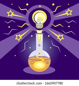 chemical experience, scientific discovery, experiment with electricity, light bulb lit up, stars and lightnings, an idea came, a new discovery, a breakthrough in science.