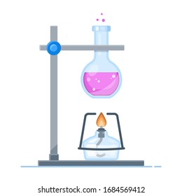 Chemical experiment concept. Lab flask alcohol burner. Flat vector illustration