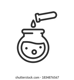 Chemical experiment. A drop drips from the flask into a round-bottomed flask with liquid, linear icon. Editable stroke