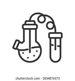 Chemical experiment. A flask with two mounts is connected by a tube with a test tube. Communicating vessels, linear icon. Editable stroke