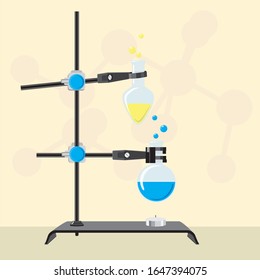 Chemical experiment. Flasks, on a tripod. In them, the liquid is blue and yellow. In the background, a molecule. The background is beige. Medical laboratory. Vector graphics.