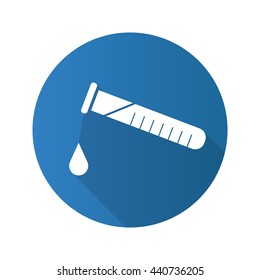 Chemical experiment flat design long shadow icon. Laboratory test tube with drop. Vector silhouette symbol