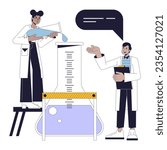 Chemical experiment flat line concept vector spot illustration. Scientists mixing liquids in flask 2D cartoon outline characters on white for web UI design. Editable isolated color hero image