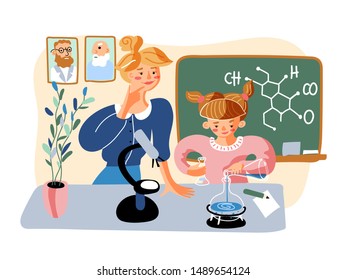 Chemical experiment flat vector illustration. Little girl and smiling female teacher in classroom cartoon characters. School education, chemistry subject. Smart schoolgirl, student holding flasks