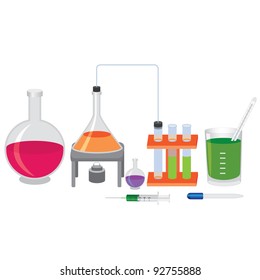 Chemical experiment with fluids and tools.