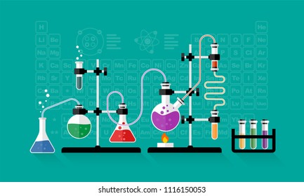 Chemical experiment. Glass flasks with solution in research laboratory. Periodic table on the bacground. Illustration in flat style.
