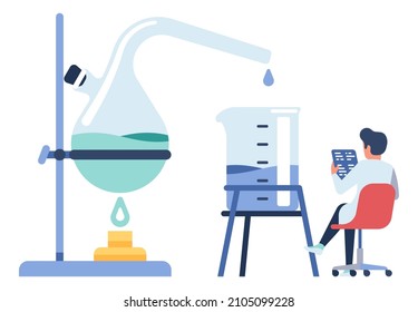 Chemical experiment. Heating blue liquid in laboratory glass