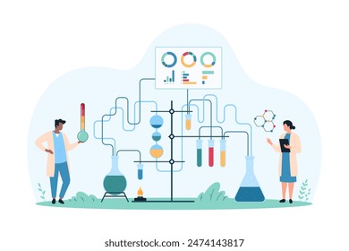 Chemical experiment in laboratory and scientific data analysis. Tiny people research reaction on reagents in test tubes, pipe system and lab burner in chemistry class cartoon vector illustration
