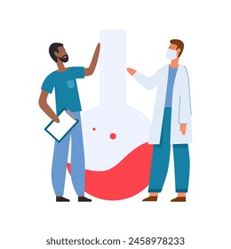 Chemical experiment in laboratory, tiny chemists scientists standing near giant flask with liquid vector illustration