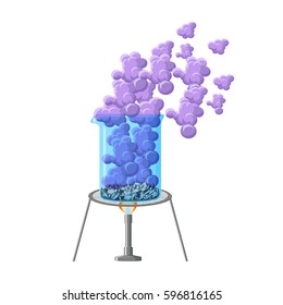 Chemical Experiment Showing Heating Beaker With Crystals And Smoke.Iodine Sublimation.  Educational Chemistry. Cartoon Vector Illustration In Flat Style.