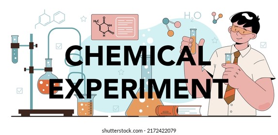 Chemical experiment typographic header. Student learning chemical formula and element. Scientific experiment in the laboratory with reagents. Flat vector illustration