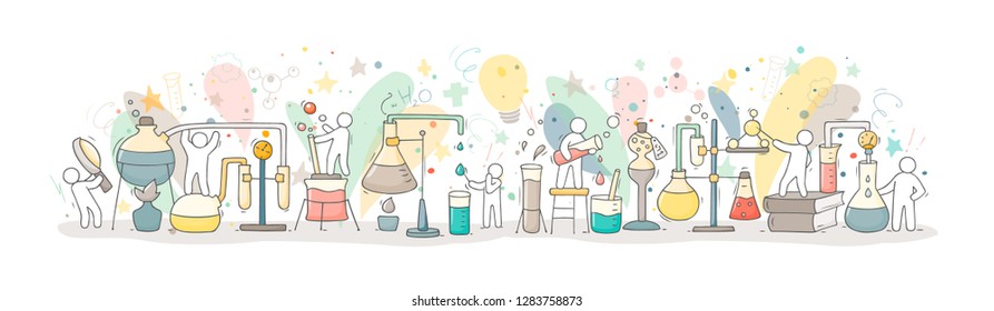 Experimento químico con gente trabajadora, beaker. Doodle linda miniatura de trabajo en equipo y de investigación de materiales. Dibujo manual de ilustración vectorial para biología y química.