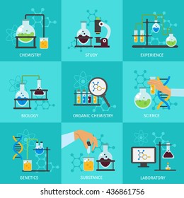 Chemical experimental icon set with descriptions of chemistry study experience biology organic chemistry science laboratory vector illustration