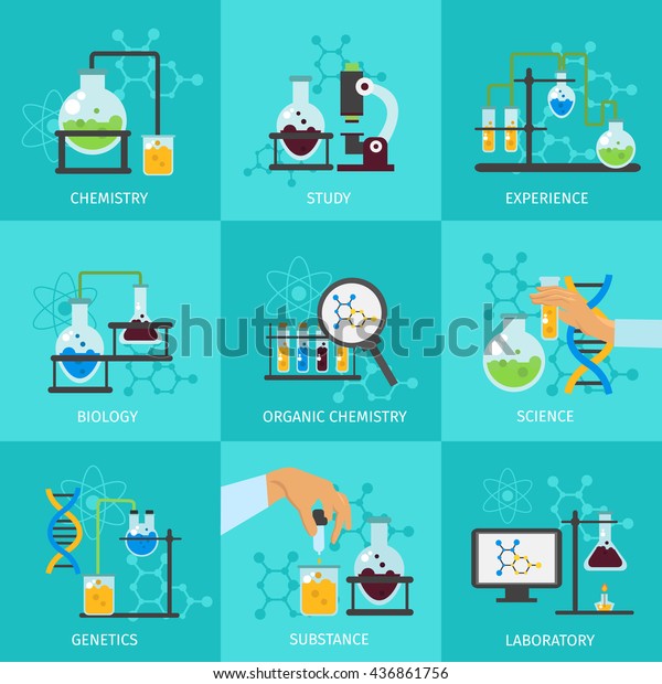 化学実験のアイコンセットで 化学研究体験生物学有機化学科学研究所ベクターイラスト のベクター画像素材 ロイヤリティフリー