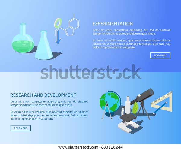 Chemical experimentation, scientific\
research and development page with globe, glass flasks, new\
microscope and black telescope vector\
illustration.