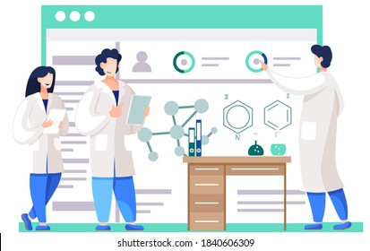 Chemical experiments. Chemists are monitoring research progress. Model of chemical compounds on the poster. Man in a lab coat points to a diagram in the background. Scientists record research results