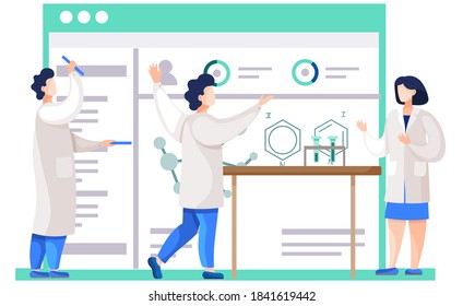 Chemical experiments. Chemists are monitoring research progress. Guy in a lab coat points to a diagram in the background. Man with tube holders in his hands. Scientists communicate and discuss