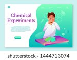 Chemical Experiments landing page template. Chemist flat character. Teenager breaking flask with toxic chemicals. Scared intern in laboratory vector illustration. Green liquid on classroom table