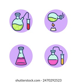 Chemical experiments line icon set. Chemical reaction in glass flasks, liquid condensation, liquid condensation, liquid in test tube. Chemistry concept. Vector illustration for web design and apps