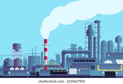 Chemical factory complex building. Industrial plant construction with smoke, gas from tower, tanks, cisterns. Work of oil refinery company, production industry. Colored flat vector illustration