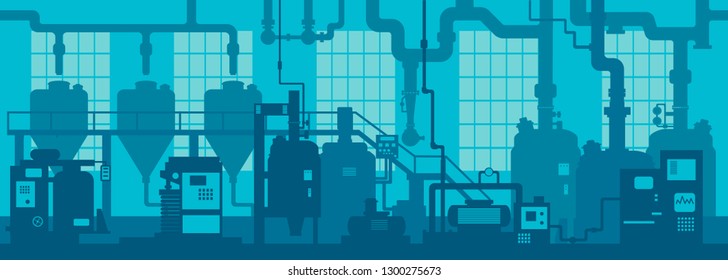 Chemical factory industrial zone. Manufacturing industrial line interior background. 