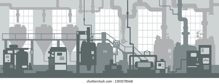 Chemical factory industrial zone. Manufacturing industrial line interior background in the flat style
